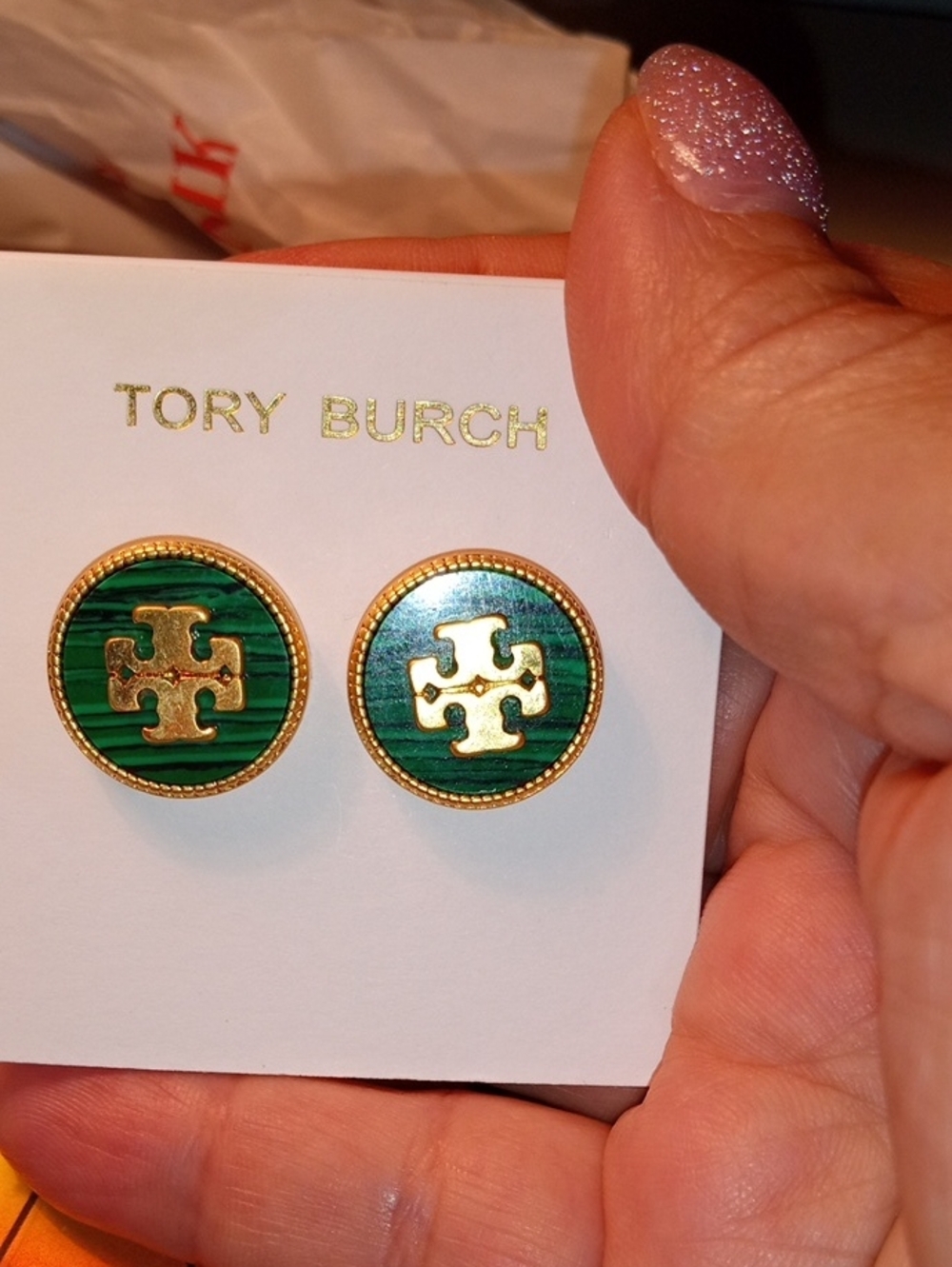 Tory Burch Green Enamel and Gold Logo Round Stud Earrings - Picture 5 of 5